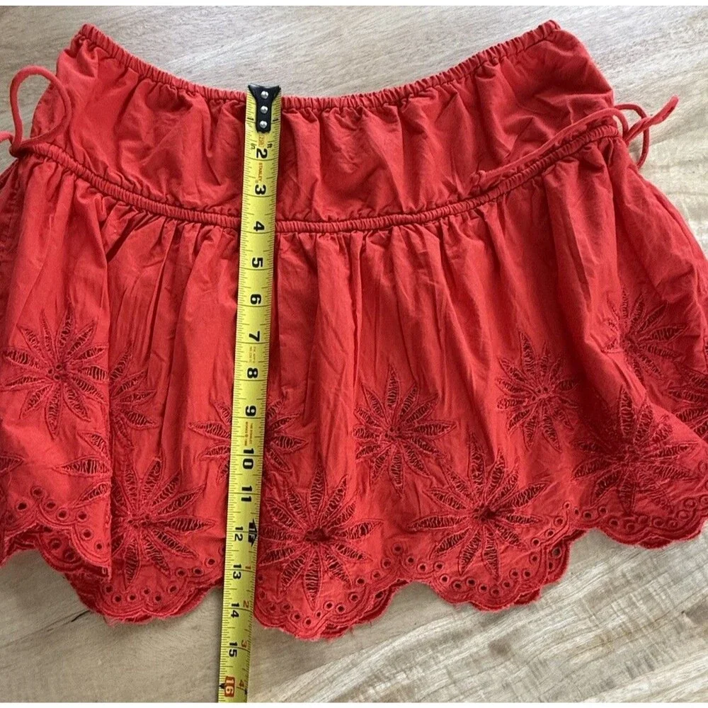 Free People Red Cotton Eyelet Mini Skirt Women Sz S Ruffle Tie Side Resort NWOT